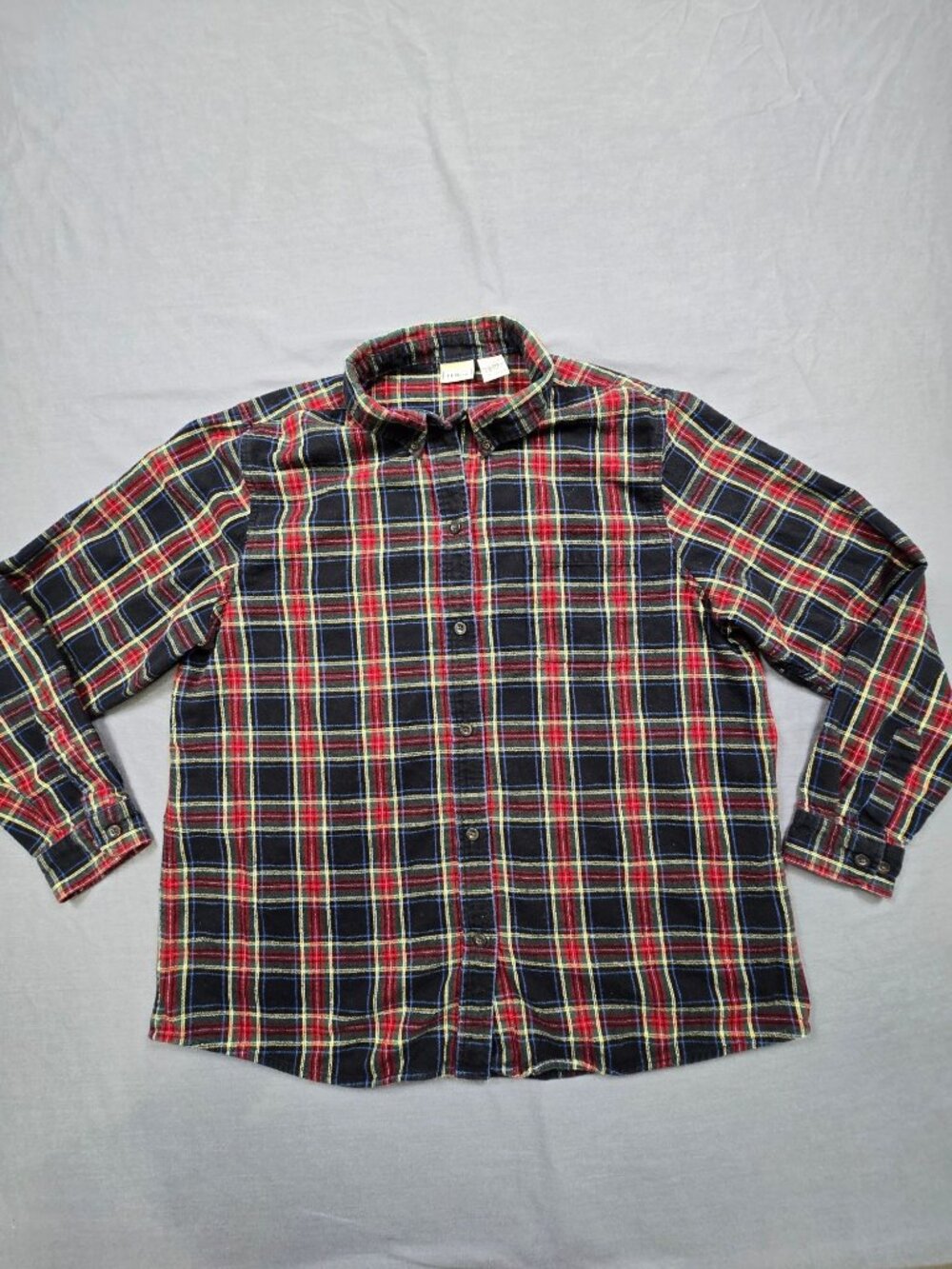 LLBean XL Mens Cotton Flannel Plaid Button-Up Shirt Red/Green/Yellow Long Sleeve